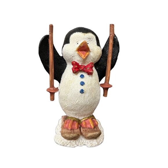 Penguin With Red Bow Tie And Skis 5 1/2" Figurine - Picture 1 of 5